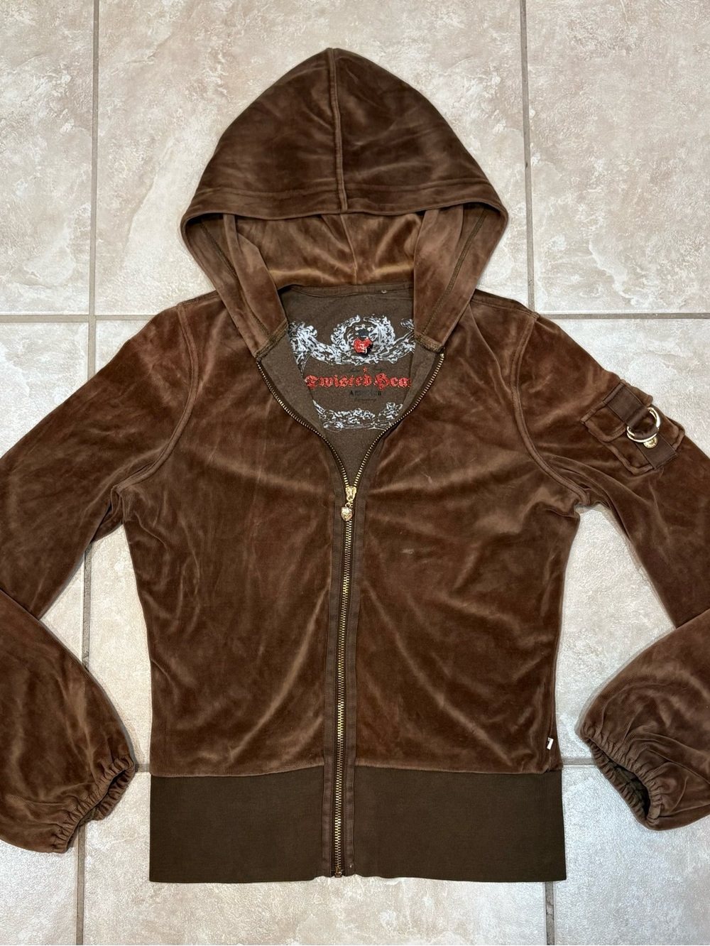 Y2K/VINTAGE TWISTED HEART BROWN VELOUR/VELVET HOODIE